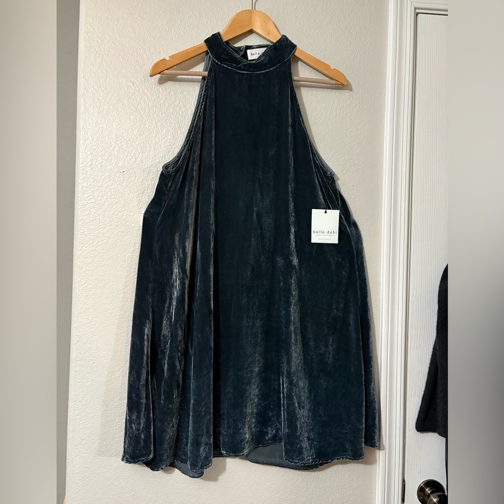 Beautiful Bella Dahl Slate Blue Velvet Halter Mini Dress. Keyhole Back.